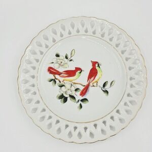 Vintage Cardinal Reticulated Display Plate Bird Collector Japan 8" White Red MCM